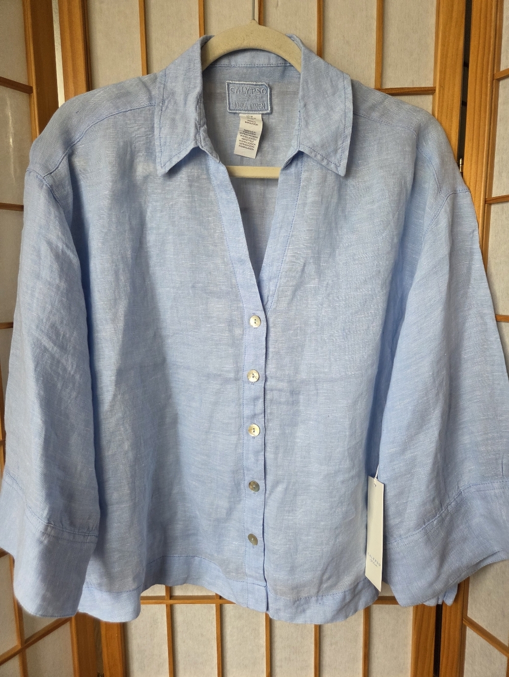 NWT WOMENS SIGRID OLSEN LIGHT BLUE 100% LINEN BUTTONS DOWN SHIRT/BLOUSE SIZE MED